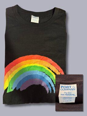 Port & Company Fan Favorite Unisex Large Black Rainbow Graphic Tee NWOT